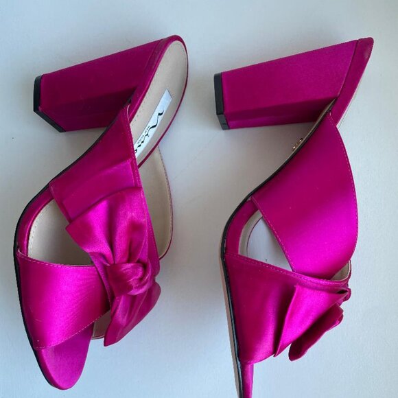 Nina Fuchsia Pink Satin Bow Heels Size 8 | Open Toe Mule - Picture 3 of 5